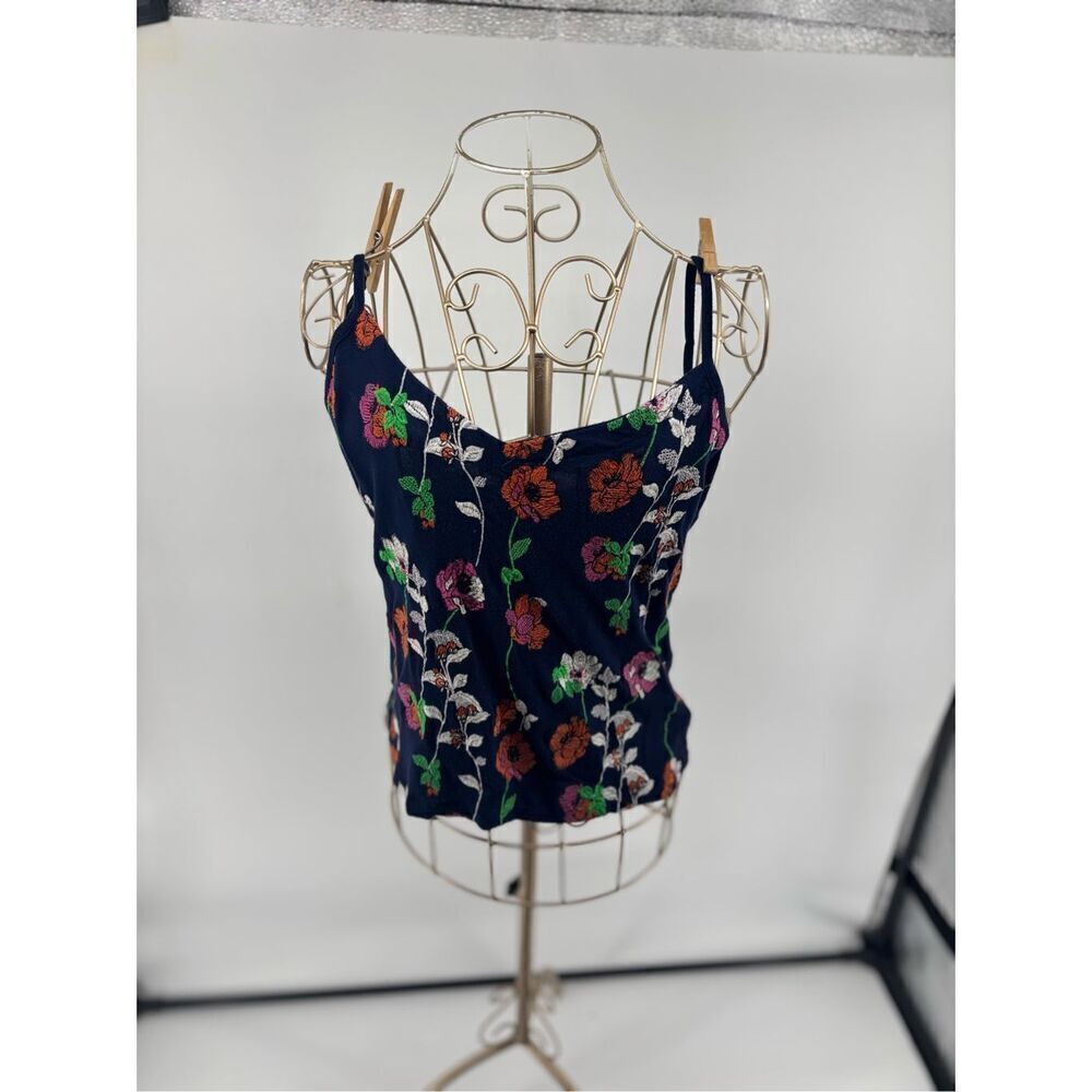 Anthropologie Kellen Floral Embroidered Cami Tank Navy Spaghetti Strap Top XS